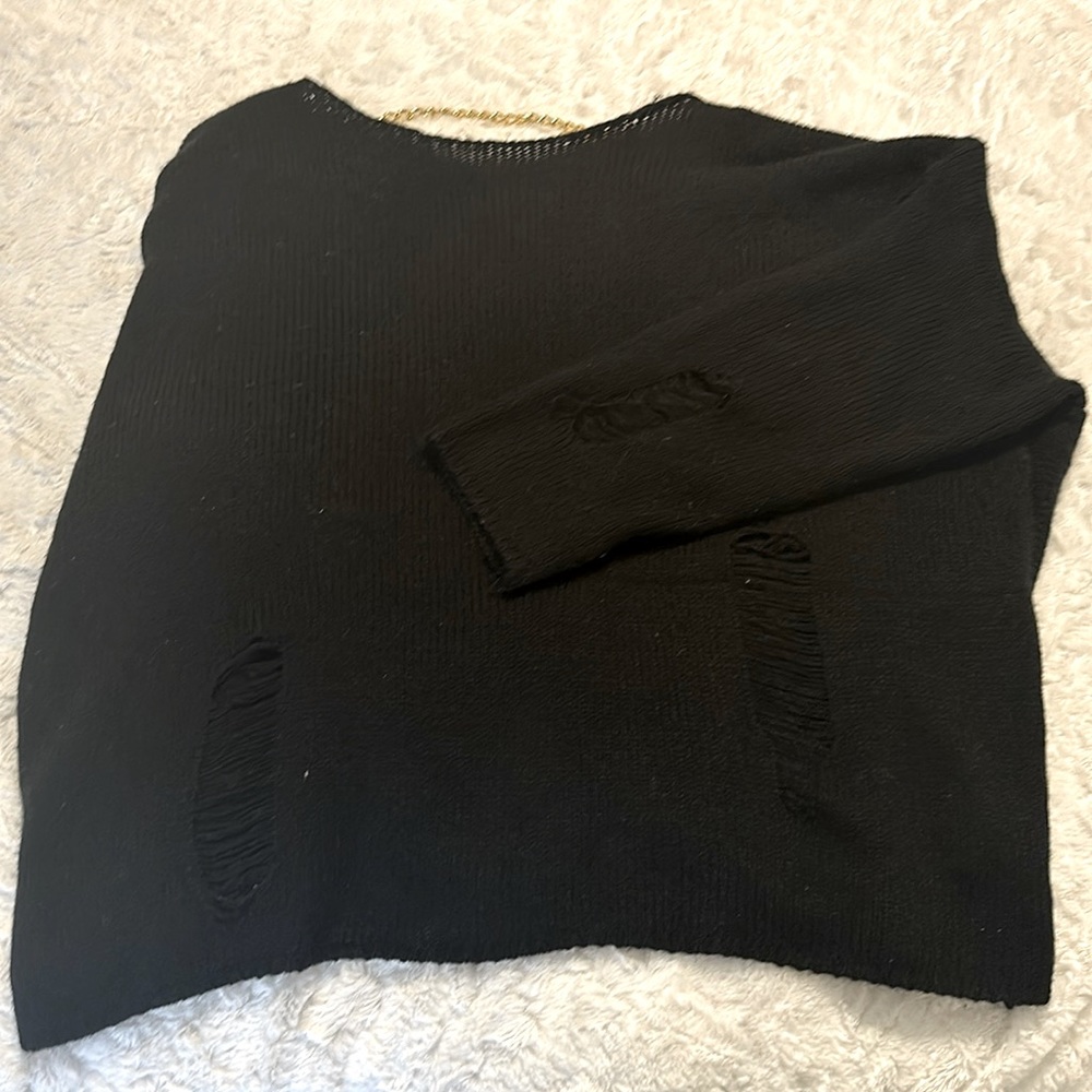 Distressed black sweater with removable gold chain